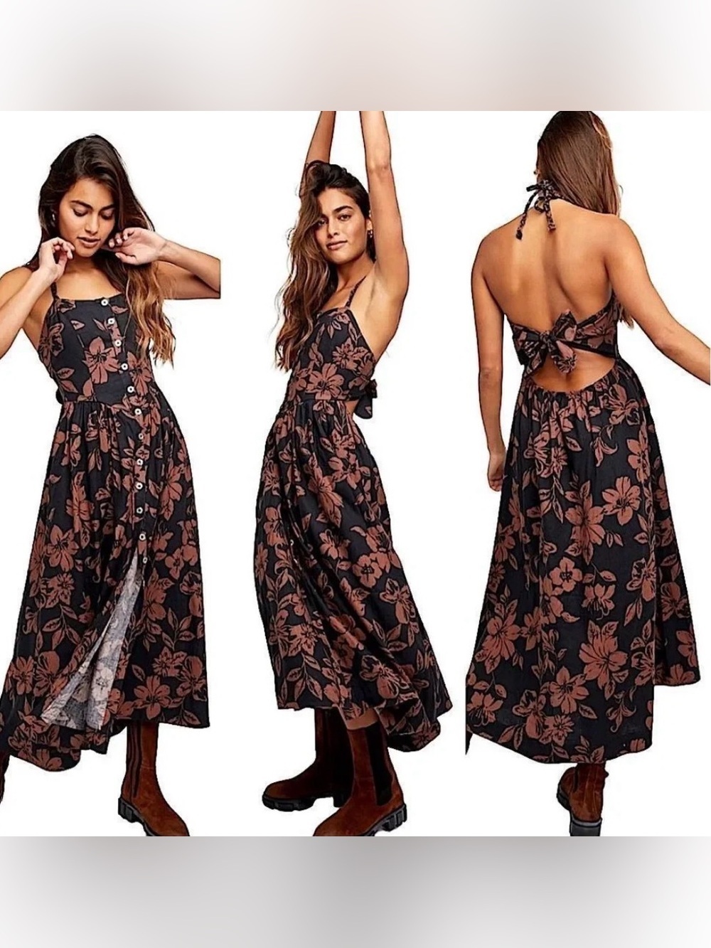 Free People The Perfect Sundress Black Linen Blend Button Front Halter — Size S